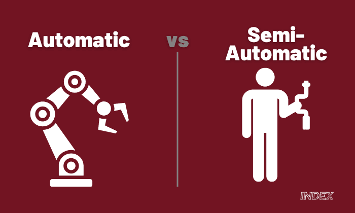 Graphic comparison of automatic vs. semi-automatic capsule filling machines with robot arm and human operator icons.