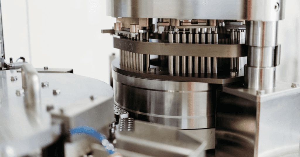 A close up shot of the Index K120i capsule filler machine tamping pins in the tamping section.