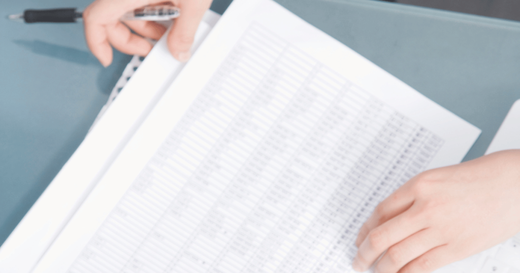 A closeup shot of documentation paperwork displayed in a table format.