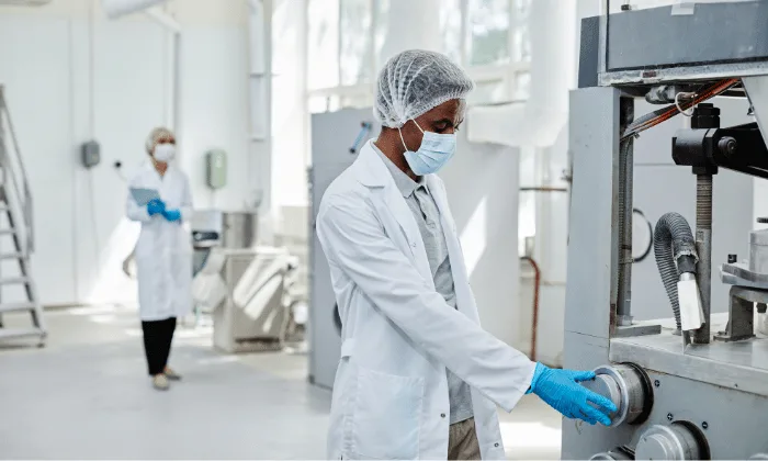 Manufacturing supervisor in lab coat, hairnet, and mask adjusting controls on an encapsulation machine in a bright facility.
