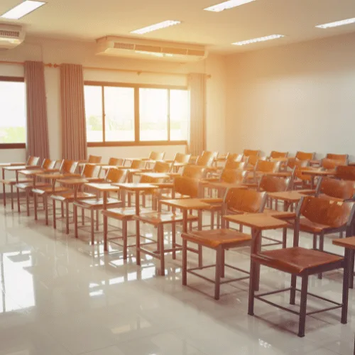Empty desks in a classroom.